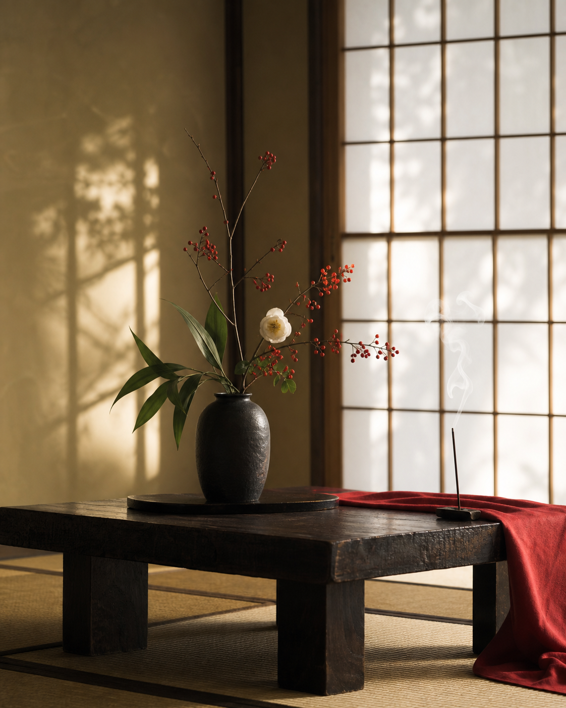 Traditional Japanese atmosphere: tatami, ikebana and incense in front of a shoji screen