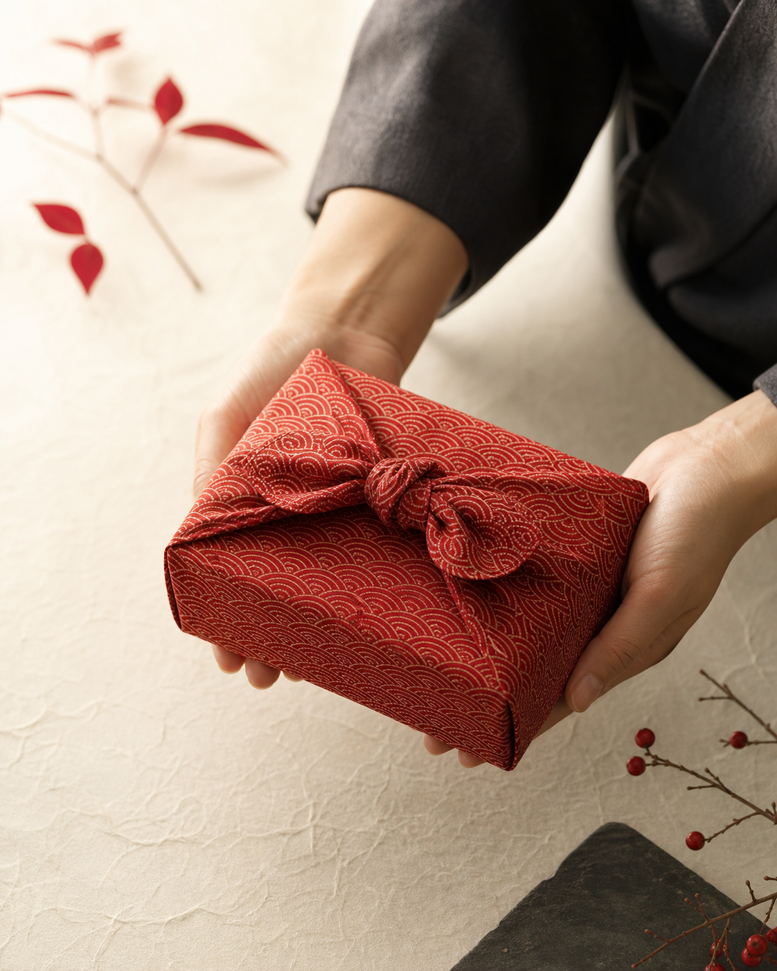 Gift wrapped Japanese-style in a knotted furoshiki cloth