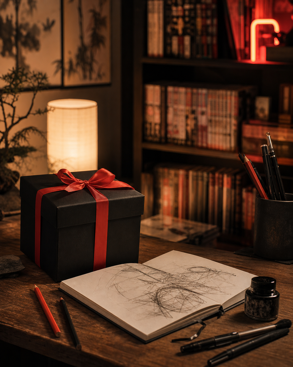Gift for a manga fan on a desk in front of a manga bookshelf